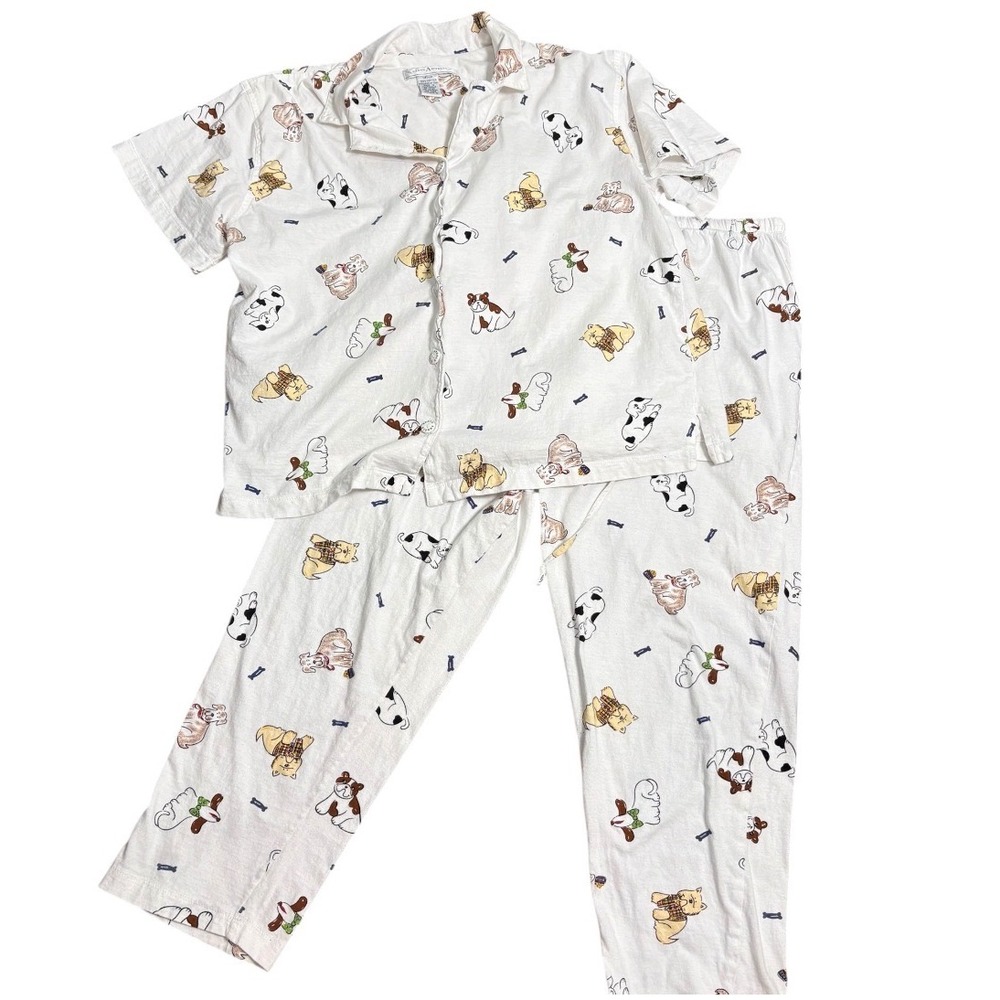 Earth Angels Pajama Set Womens Medium White Dog Print Cotton Short Sleeve Pants